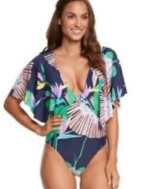 Trina Turk “Midnight Paradise” Tropical Print Flutter Sleeve  Swimsuit.